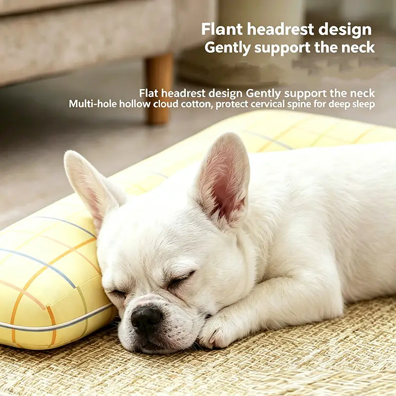 French Bulldog resting head on supportive bolster pillow of breathable summer cooling pet mat