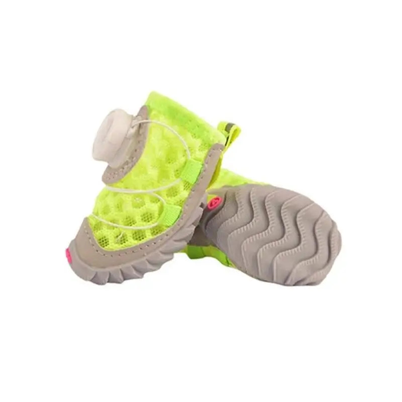 Neon green breathable mesh dog boots for French Bulldogs, featuring anti-slip rubber sole and quick-adjust closure.