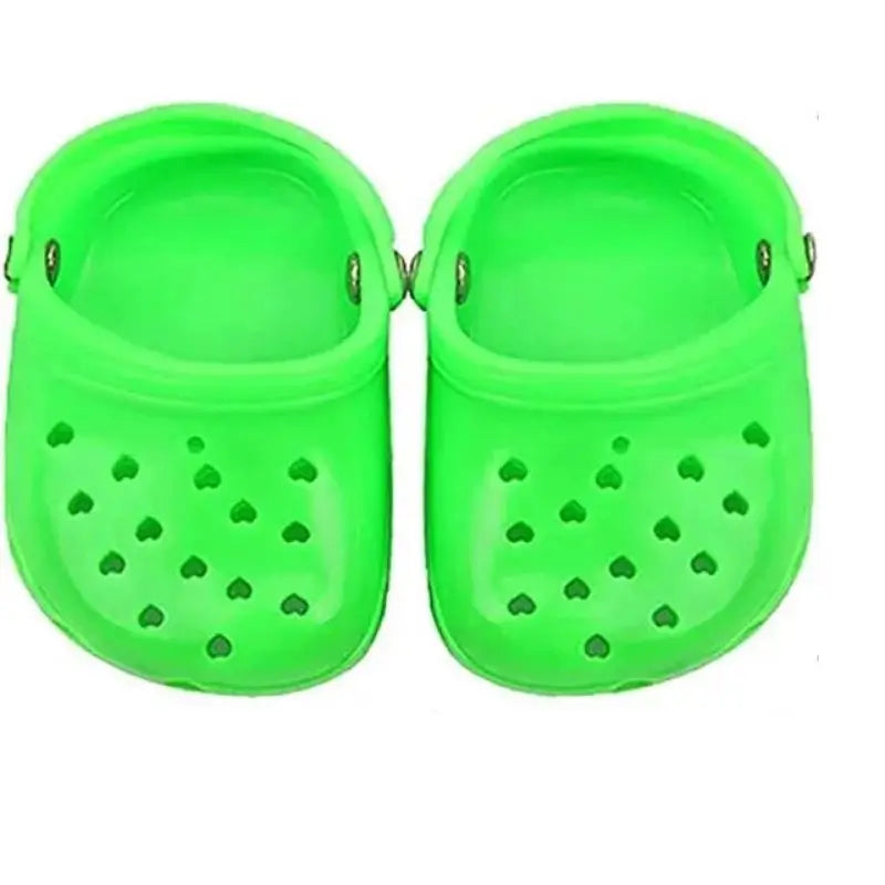 Neon green dog clogs with heart cutouts for French Bulldogs, breathable summer pet shoes for hot weather.