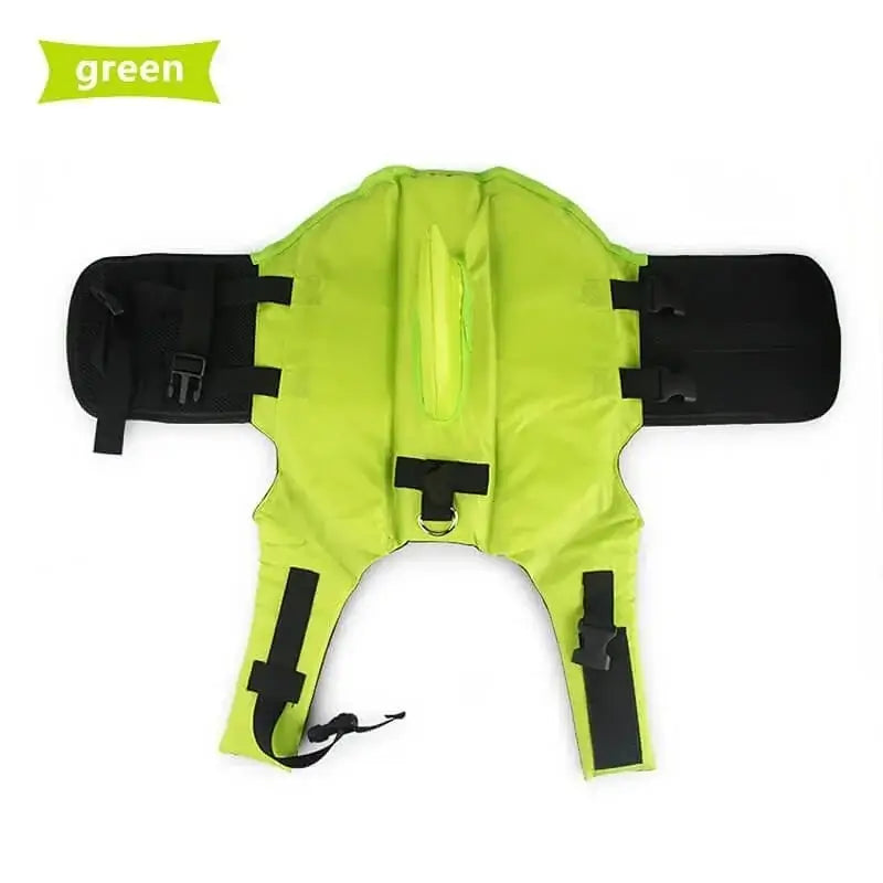Neon green shark design dog safety life jacket flat isolated product image with adjustable harness straps