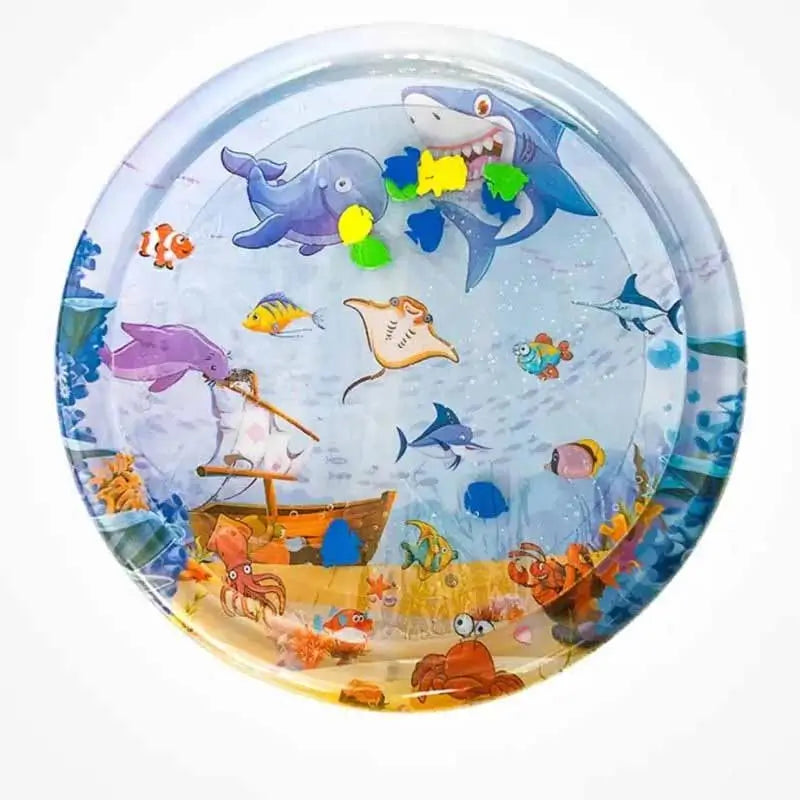 Ocean-themed water play mat for French Bulldogs, inflatable sensory mat with shark, whale and fish designs, interactive cooling toy
