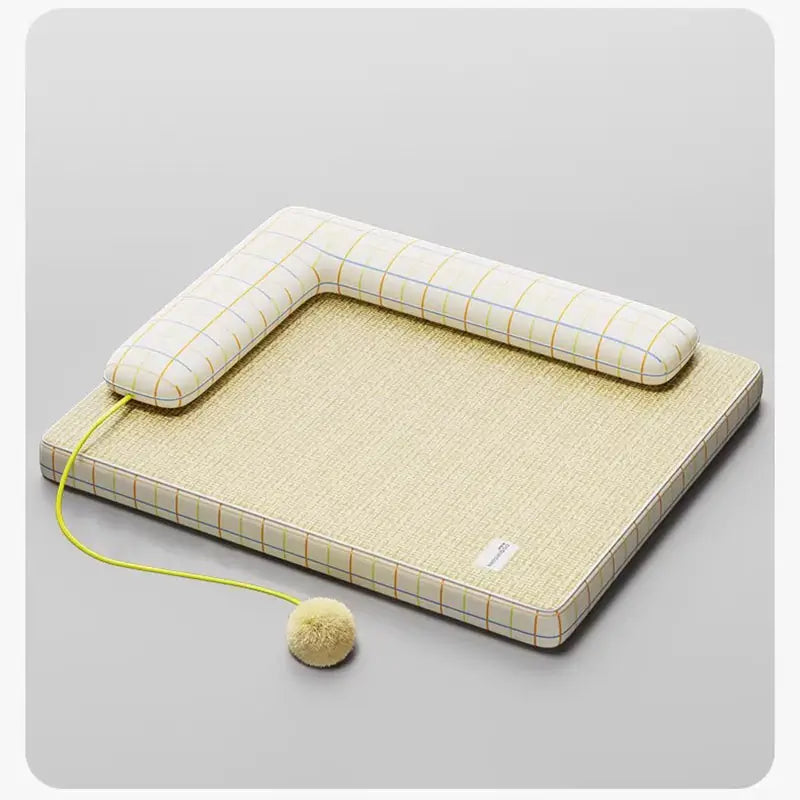 Off-white checkered cooling rattan pet bed with bolster pillow designed for Frenchie dogs