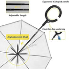 Clear Pet Dog Umbrella Key Features Breakdown, Ergonomic C-Shaped Handle, Adjustable Length Shaft, Waste Bag Hook & Angle Bendable Neck