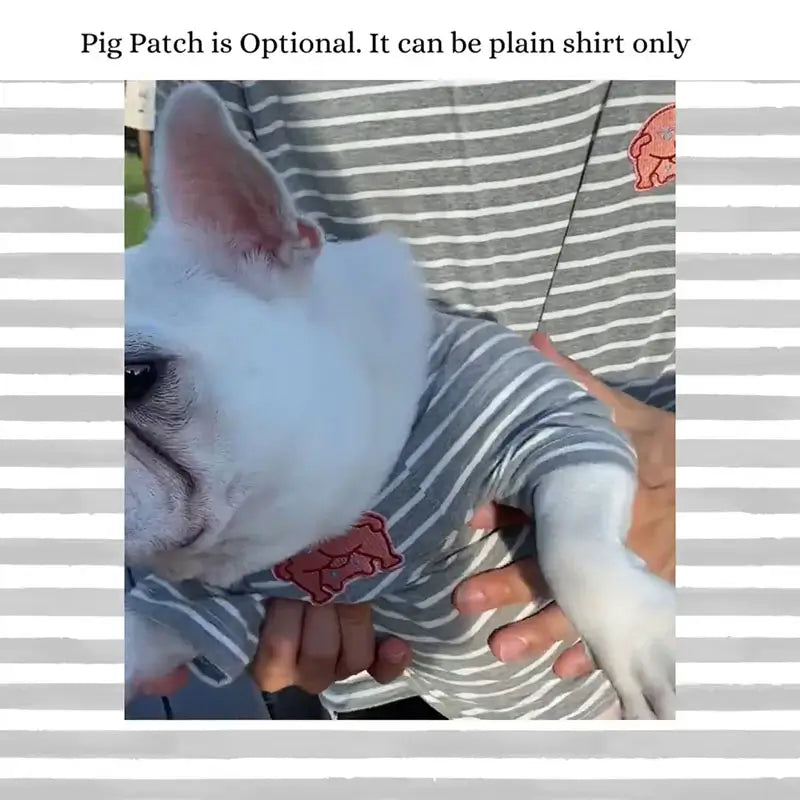 Optional design for grey striped matching owner and French Bulldog tee, choose plain shirt or cute pig embroidery patch detail