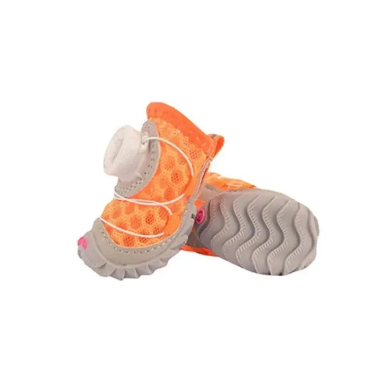 Orange breathable mesh dog boots for French Bulldogs, lightweight summer paw protectors with non-slip sole.