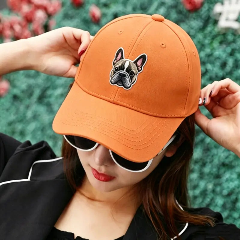 Vibrant orange French Bulldog face embroidered baseball hat, breathable cotton Frenchie owner gift casual dad cap