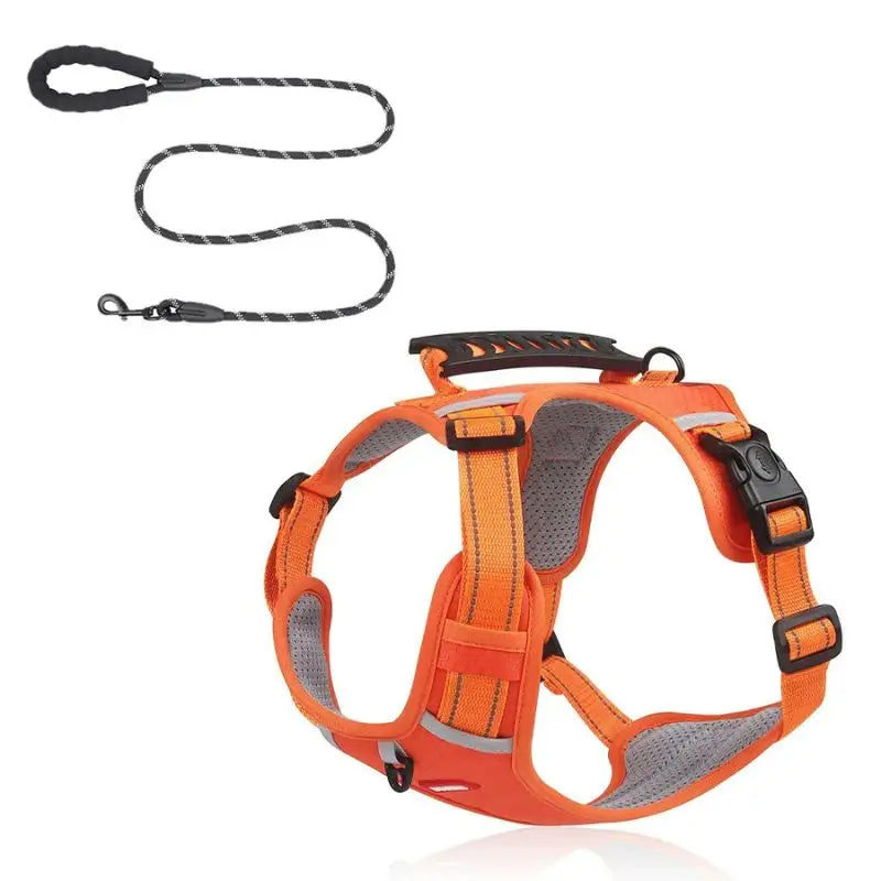 Orange no-pull dog harness with reflective strips and matching leash for French Bulldogs, featuring adjustable straps and breathable mesh lining.