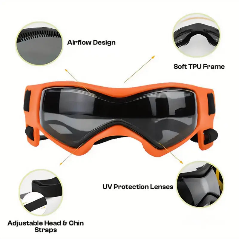 Orange dog goggles structure detail: airflow vent, soft TPU frame, UV lens & adjustable straps, all-round eye protection for Frenchie