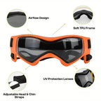Orange dog goggles structure detail: airflow vent, soft TPU frame, UV lens & adjustable straps, all-round eye protection for Frenchie