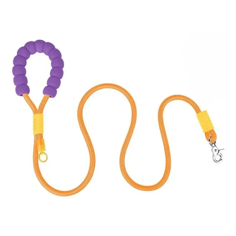 Orange dog leash with purple foam grip for French Bulldogs, lightweight rope leash with yellow accents and quick-release clasp.
