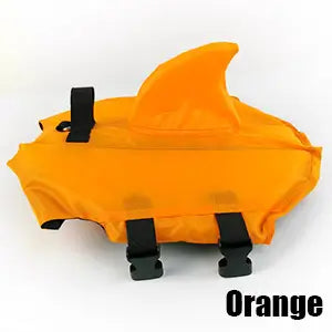 Orange shark fin dog floating life vest flat product picture with black adjustable buckles on white background