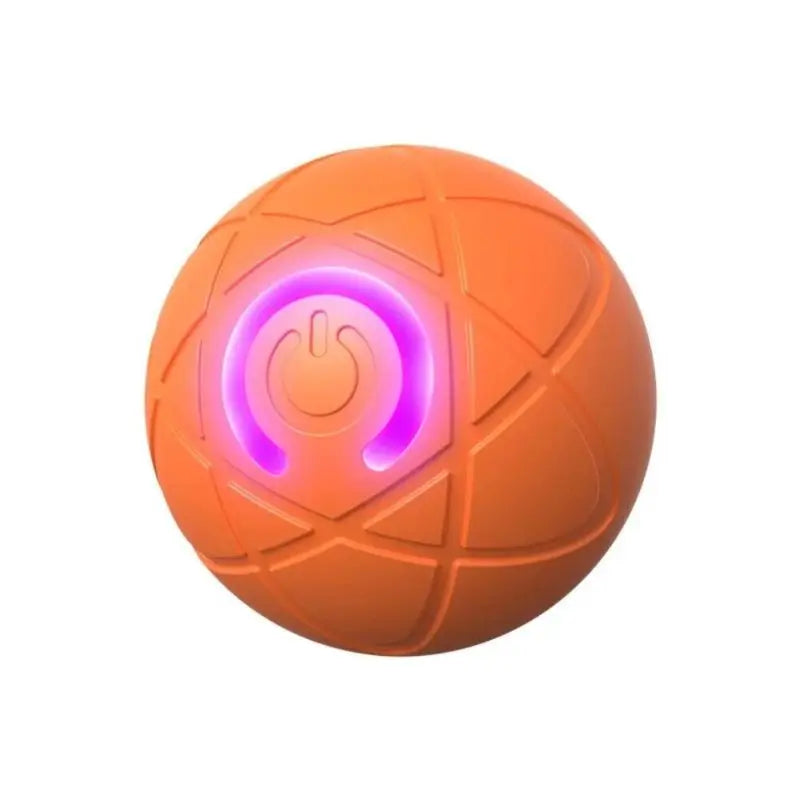 Orange smart interactive dog ball with motion-activated LED light, auto rolling rechargeable toy for French Bulldogs and puppies, durable bite-resistant pet play ball