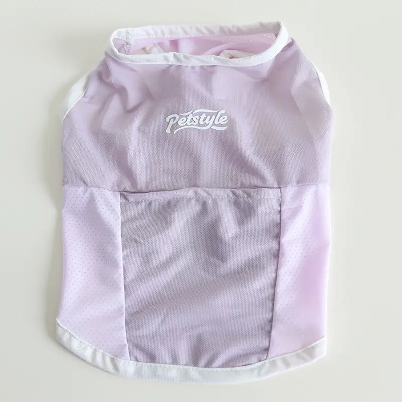 Pale purple white edge breathable cooling tank vest flat photo, lightweight summer dog apparel for french bulldog
