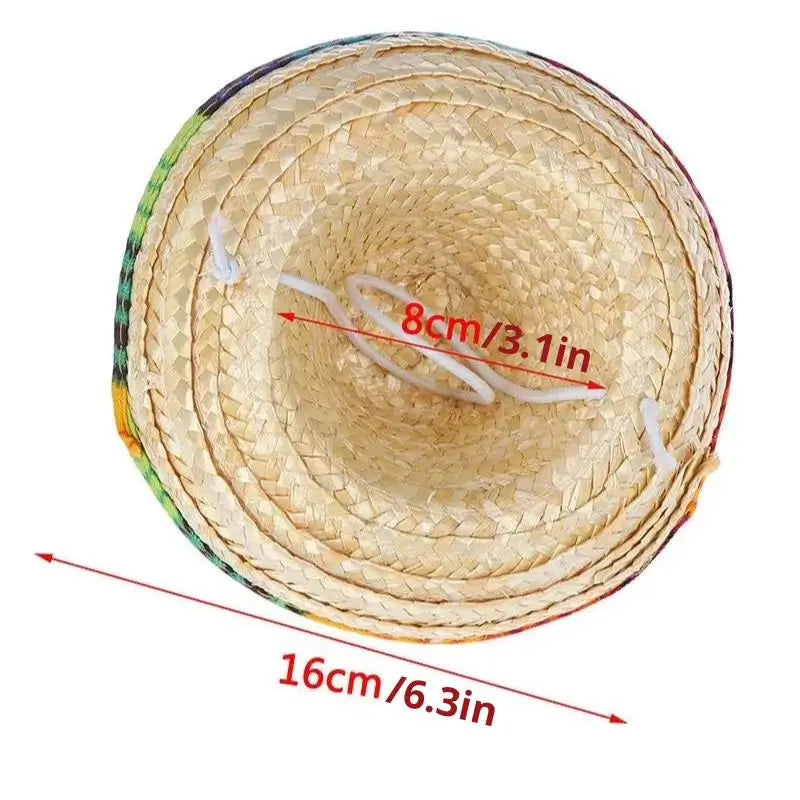 Alt text: Size guide for mini pet sombrero hat showing dimensions 16cm wide and 8cm inner diameter
