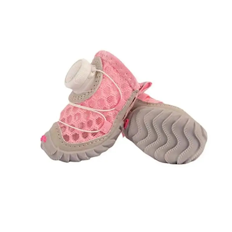 Pink breathable mesh dog boots for French Bulldogs with quick-adjust closure and anti-slip rubber sole. Lightweight summer paw protectors for hot pavement walks.