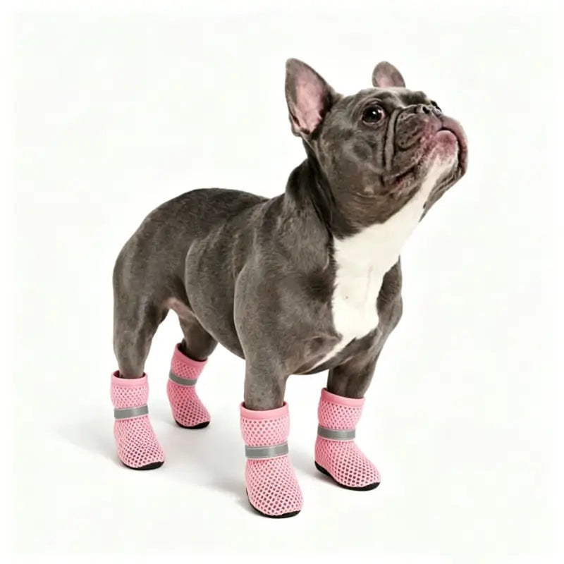 Pink Breathable Mesh Dog Boots for French Bulldogs - Adjustable Reflective Strap, Anti-Slip Summer Paw Protectors