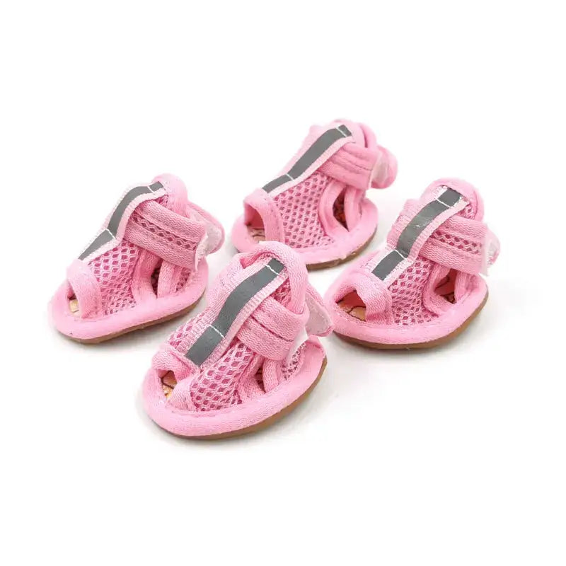 Pink breathable mesh dog sandals for French Bulldogs, lightweight summer pet shoes with secure adjustable closure.