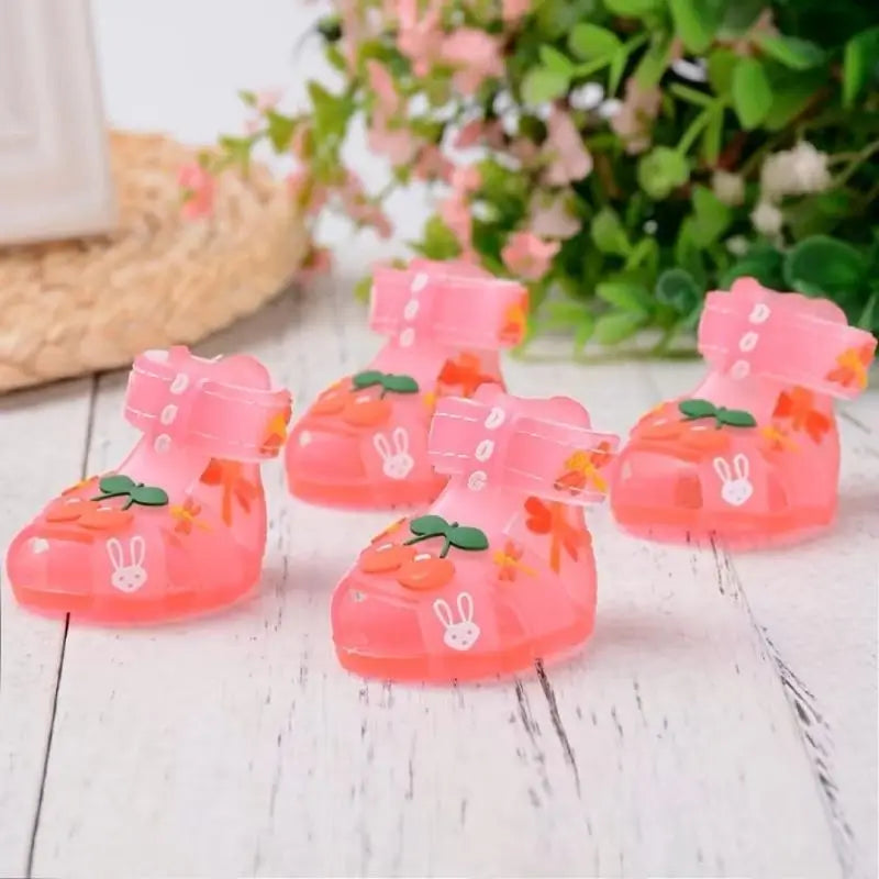 Pink pet sandals with cherry and rabbit decorations for French Bulldogs, breathable summer dog shoes with adjustable straps.