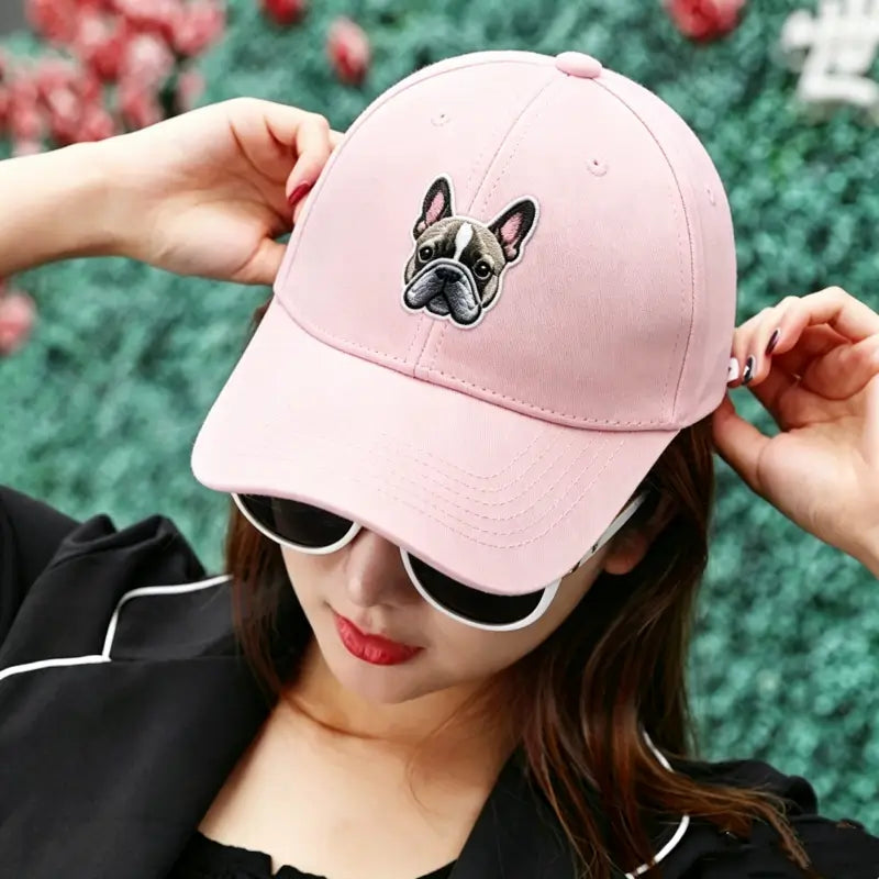 Soft pink French bulldog embroidered baseball cap, cute Frenchie face embroidery casual gift hat for Frenchie mom owners