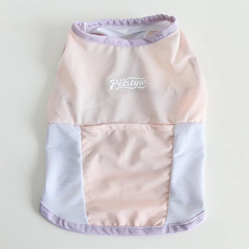 Flat view pink lavender mesh cooling sleeveless vest designed for french bulldog, lightweight summer heatproof dog tank top