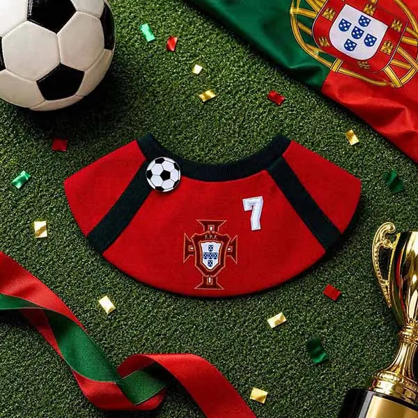 Portugal national soccer team dog bandana for French Bulldogs, red pet bib with number 7 and crest, perfect for World Cup parties and sports fans.