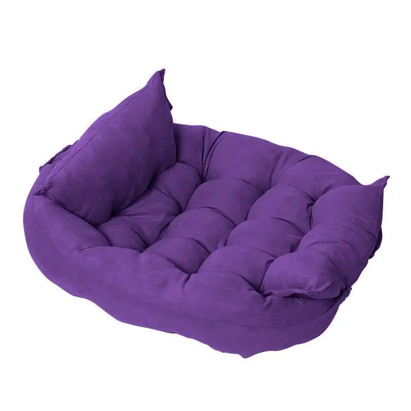 Purple convertible plush dog bed for French Bulldogs, multi-position soft pet cushion that doubles as a sofa or flat bed.