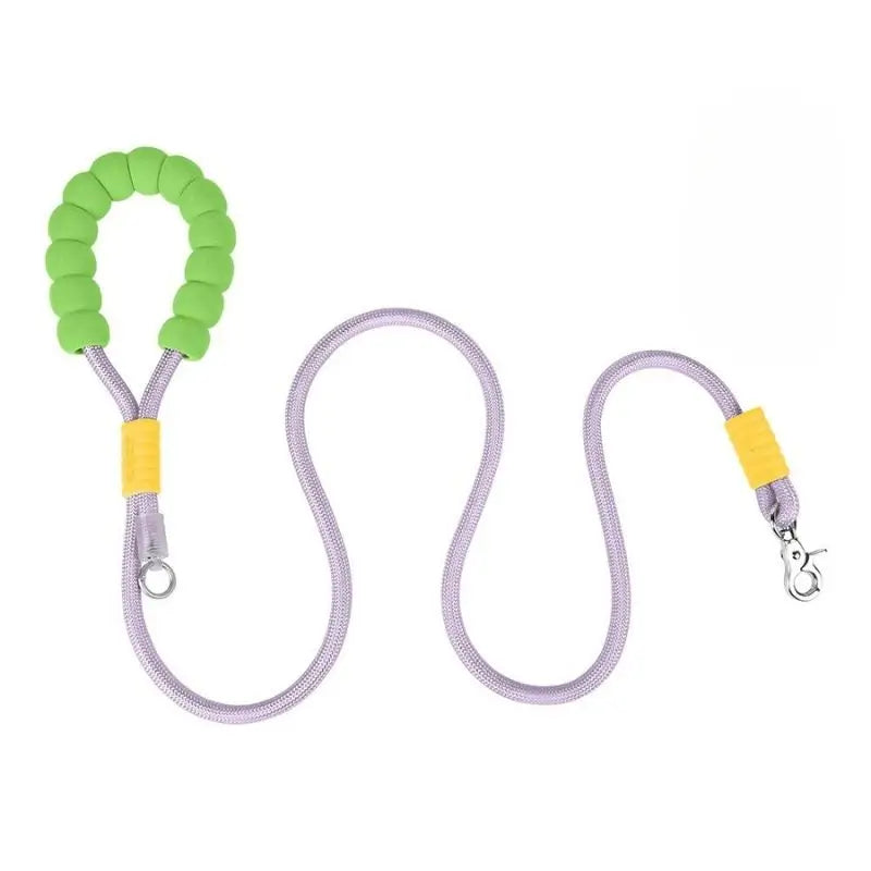 Purple dog leash with green foam grip and yellow accents for French Bulldogs, lightweight rope leash with anti-slip handle.