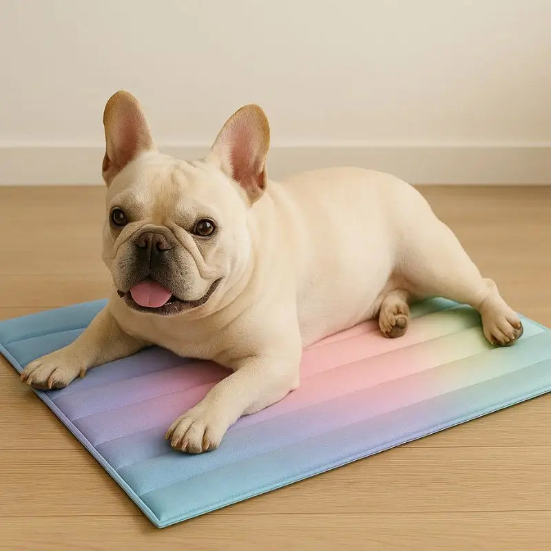 Rainbow Gradient Gel Cooling Mat for French Bulldog, self-cool pet pad keeps Frenchie cool in hot summer indoor resting