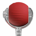 Close-up of red interactive auto ball toy for French Bulldogs, durable silicone and clear shell design