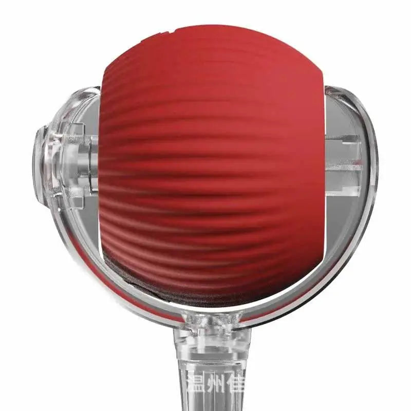 Close-up of red interactive auto ball toy for French Bulldogs, durable silicone and clear shell design
