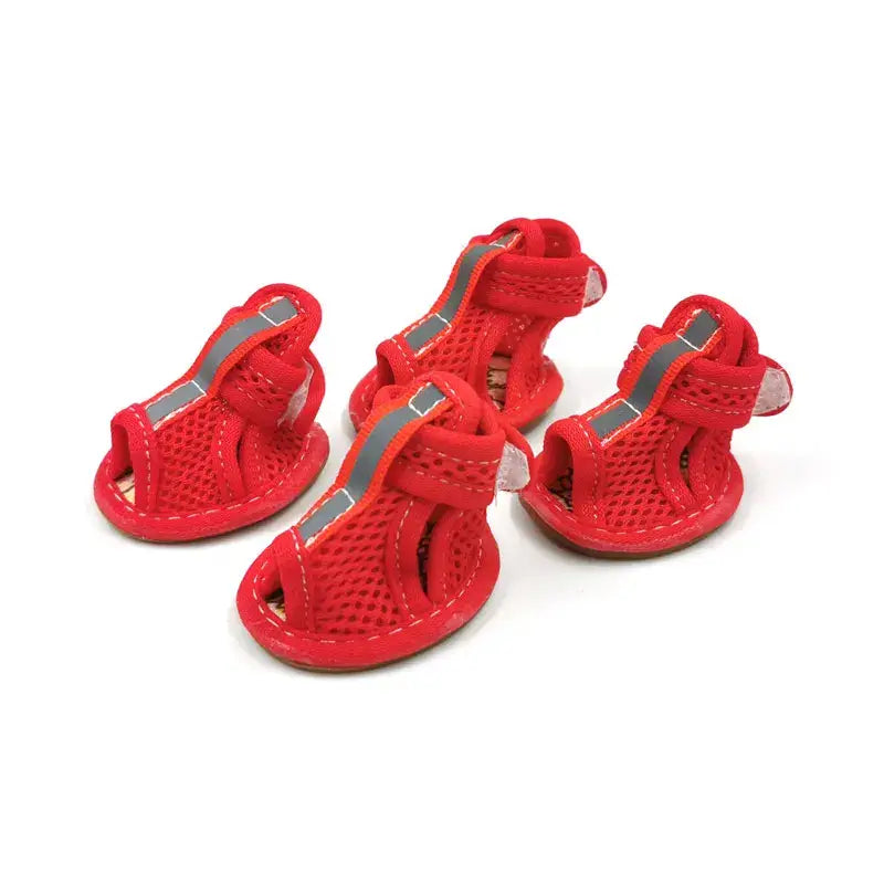 Red breathable mesh dog sandals for French Bulldogs, non-slip summer pet shoes with adjustable straps for a secure fit.