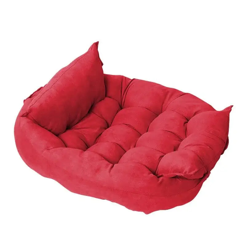 Red plush convertible dog bed for French Bulldogs, soft multi-position pet sofa cushion for small to medium dogs.