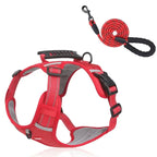 Red no-pull dog harness and leash set for French Bulldogs, featuring reflective trim, padded handle, and anti-slip vest design.