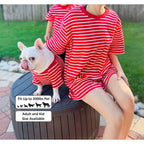 Red and white striped matching clothing set for the whole family, including adult, kid, and pet sizes, suitable for pets up to 200lbs