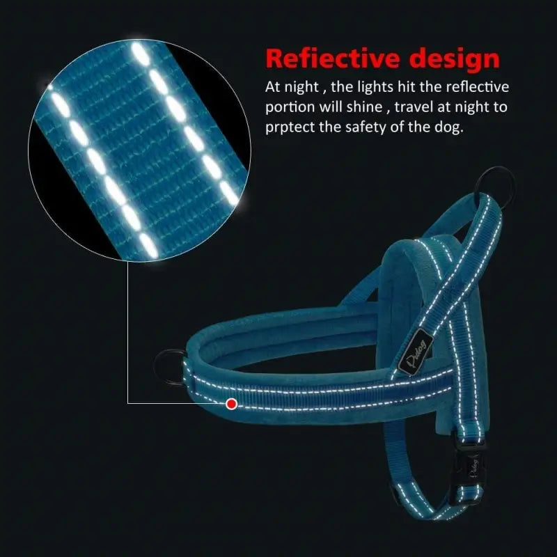 Reflective white stitching detail on fleece dog harness, improve nighttime walking safety for French Bulldog with high visibility design