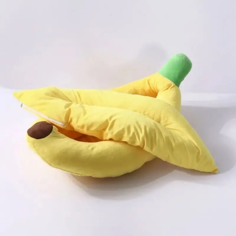 Stacked multi-size banana shaped dog bed, cozy plush pet couch available in multiple sizes for French Bulldogs & small breeds