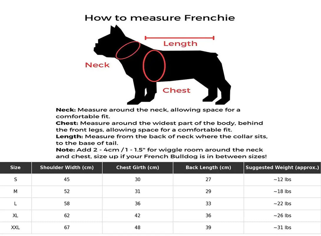 French Bulldog clothes size chart showing how to measure neck, chest, and length with size table