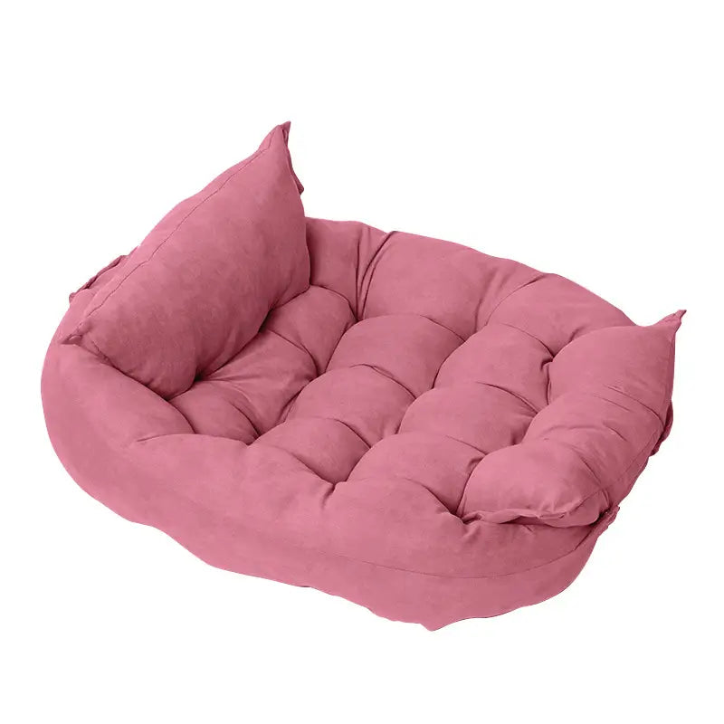 Rose pink plush convertible dog bed for French Bulldogs, comfortable multi-position pet sofa cushion for all seasons.