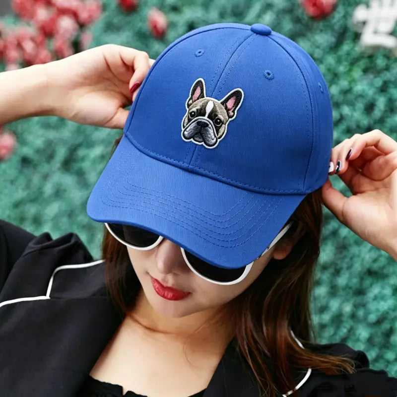 Royal blue cotton French bulldog embroidered dad hat, detailed Frenchie embroidery accessory for dog lovers | FrenchieNest