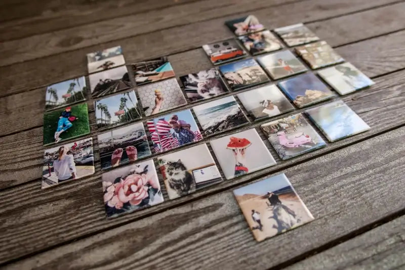 Rustic wood table display of custom French Bulldog picture fridge magnet, personalized dog photo square magnet for Frenchie precious memory gift