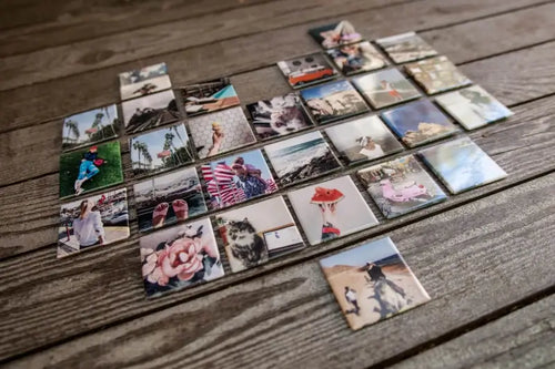 Rustic wood table display of custom French Bulldog picture fridge magnet, personalized dog photo square magnet for Frenchie precious memory gift
