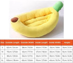 Size dimension chart of banana shaped plush dog bed, S/M/L/XL size options fit puppy & adult French Bulldog