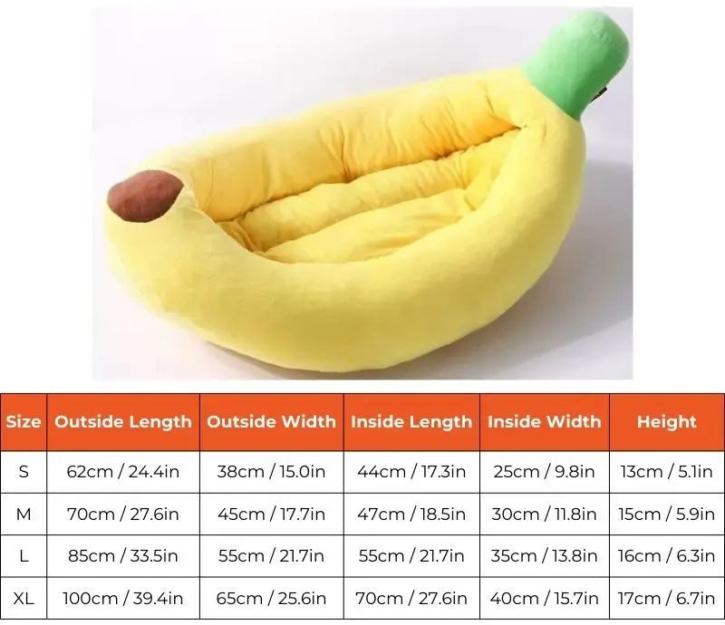 Size dimension chart of banana shaped plush dog bed, S/M/L/XL size options fit puppy & adult French Bulldog