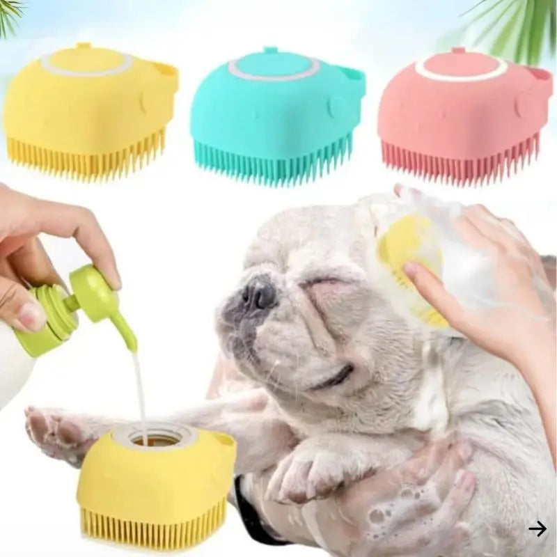 Silicone Dog Bath Brush with Built-in Shampoo Dispenser, Gentle Massage Scrubber for French Bulldog Bathing & Skin Cleaning, 3 Colors Available