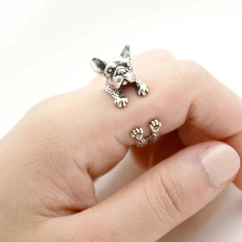  Silver adjustable French Bulldog ring for women, cute 3D animal jewelry for Frenchie lovers