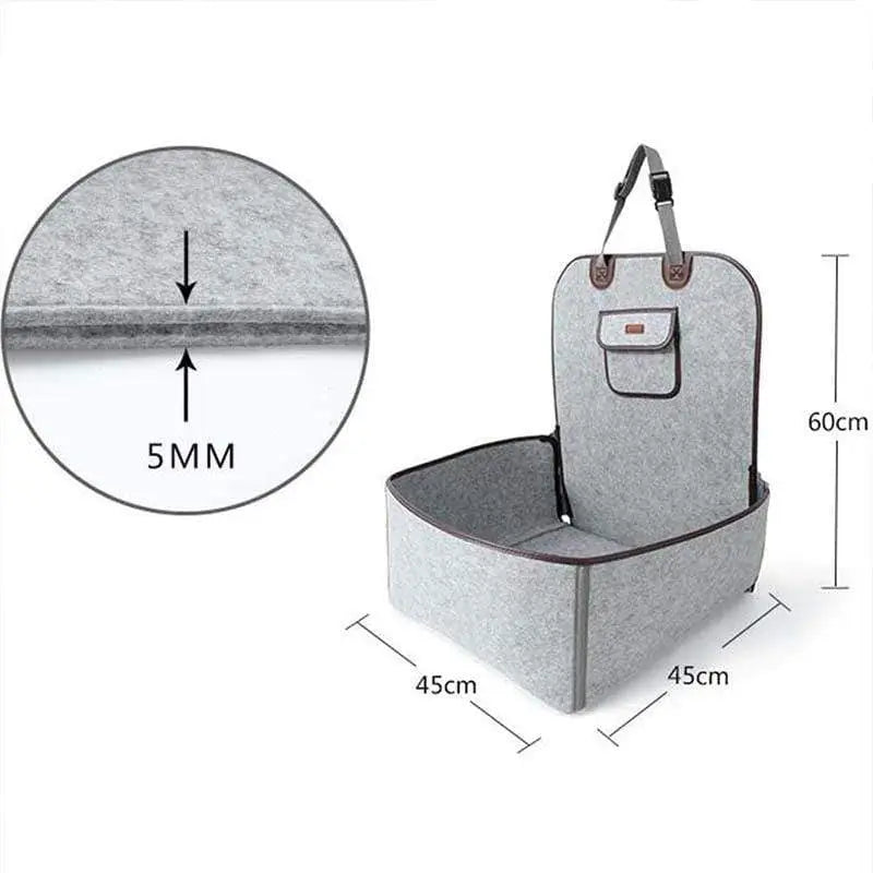 Dimension chart of 5mm thick felt French Bulldog car booster seat (45×45×60cm), sturdy foldable travel dog car bed with adjustable hanging strap