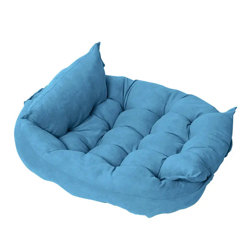 Sky blue convertible plush dog bed for French Bulldogs, cozy multi-position pet sofa cushion for small to medium dogs.