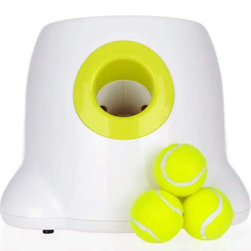 Compact automatic dog tennis ball launcher with 3 mini tennis balls for small breeds like French bulldogs