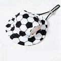 Black and white soccer ball patterned bucket hat for dogs, designed with ear holes and an adjustable chin strap, shown on a white background.