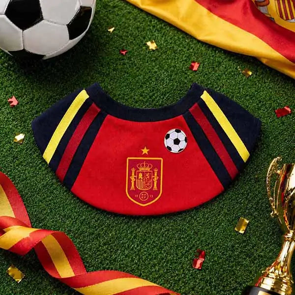 Spain RFEF soccer dog bandana, red pet bib with national crest, ideal for football fans and showing support for La Roja.
